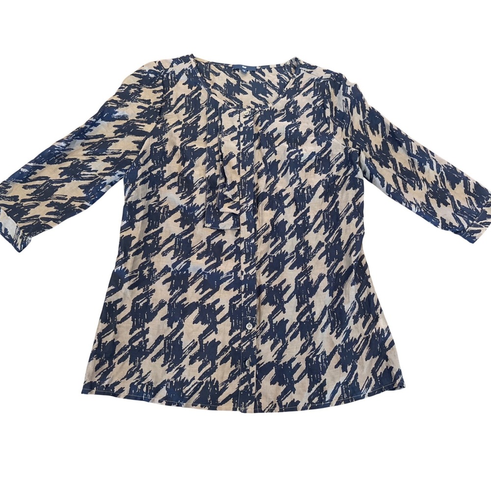Gap Womens Small Navy Blue Tan Silk Cotton Blend Houndstooth 3/4 Sleeve Blouse